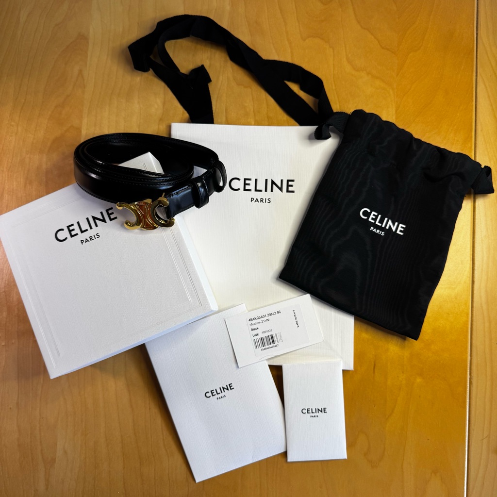 Celine Black Shiny Leather Gold Triomphe Belt Size 90cm